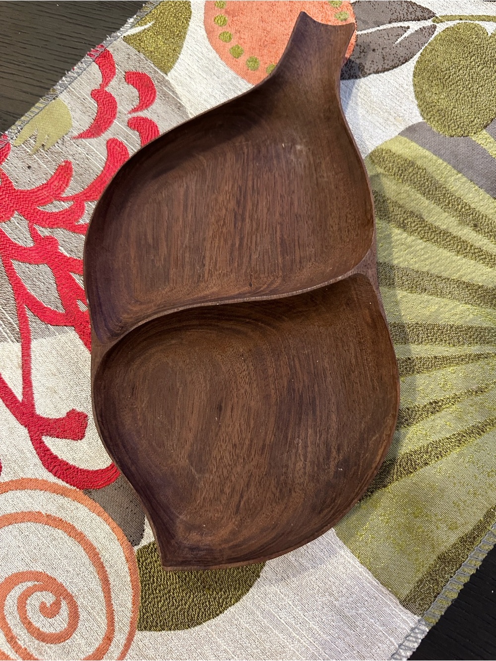 Hand Crafted Brown Double-Section Wooden Serving Dish